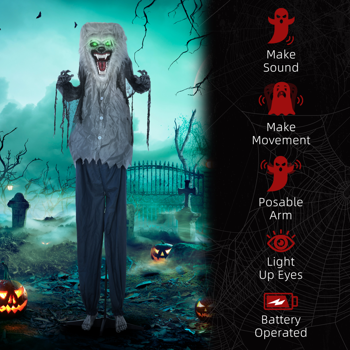 210cm skeleton werewolf Halloween animatronic with green eyes - view 7