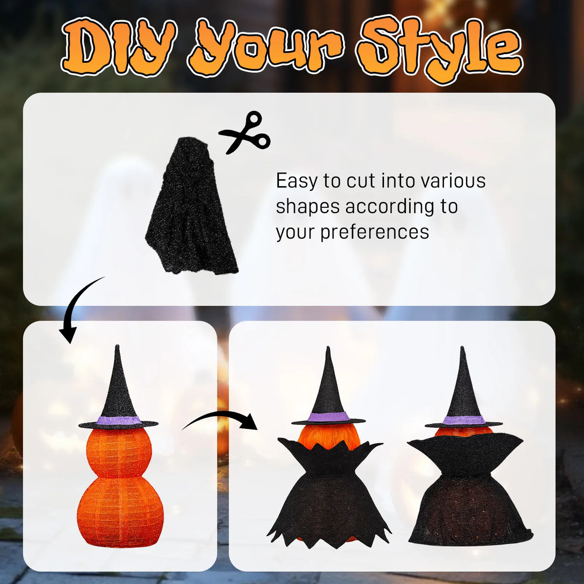 2-pack 3ft light-up jack o lantern pumpkins with wizard hats - view 3