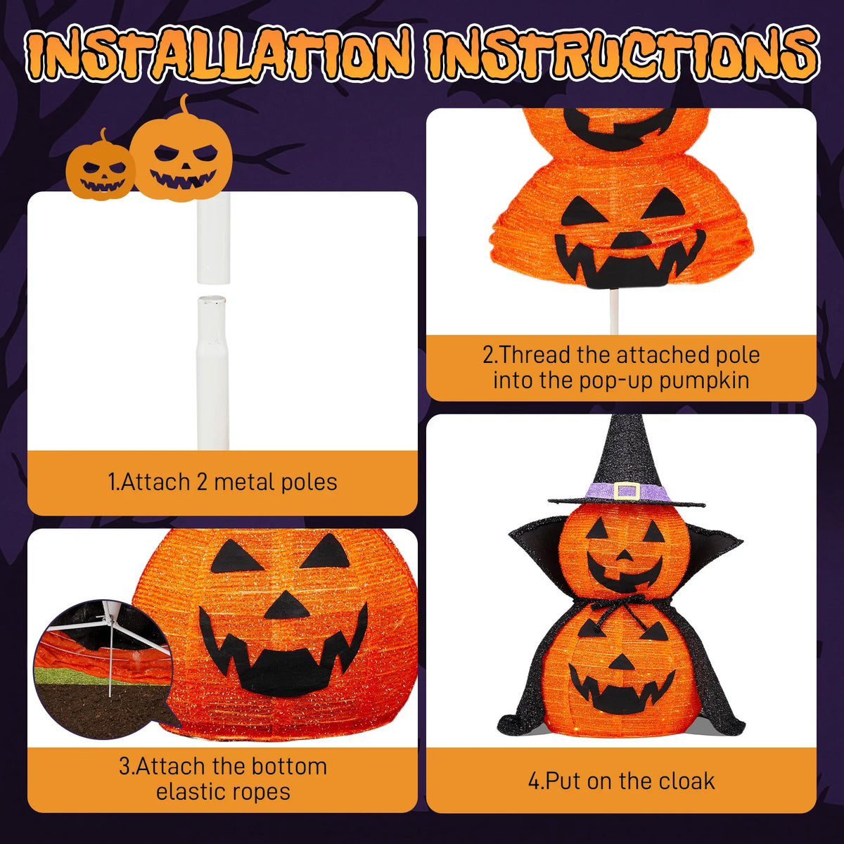 2-pack 3ft light-up jack o lantern pumpkins with wizard hats - view 7