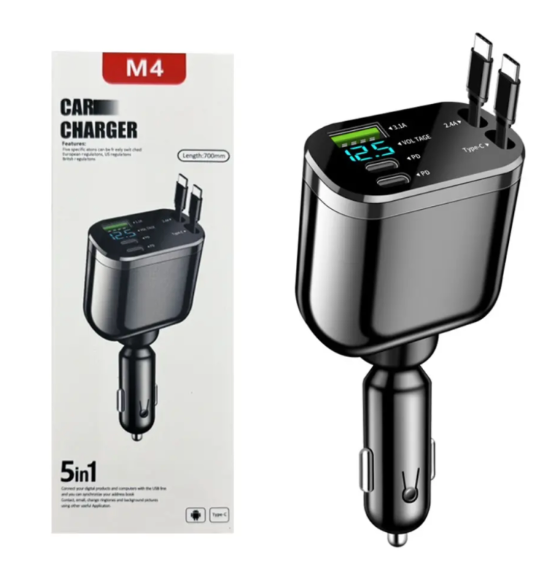 5-in-1 retractable car charger with USB-C and Lightning cables