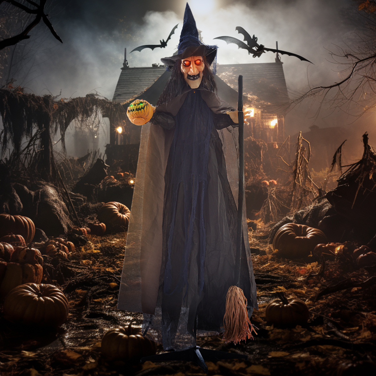 animated witch on broomstick Halloween animatronic - view 2