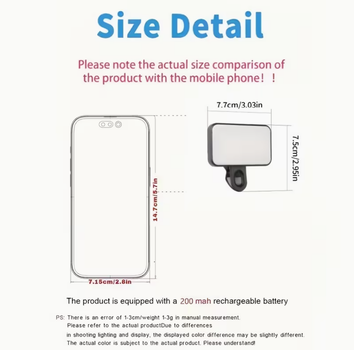 Compact size of clip-on phone fill light shown in hand