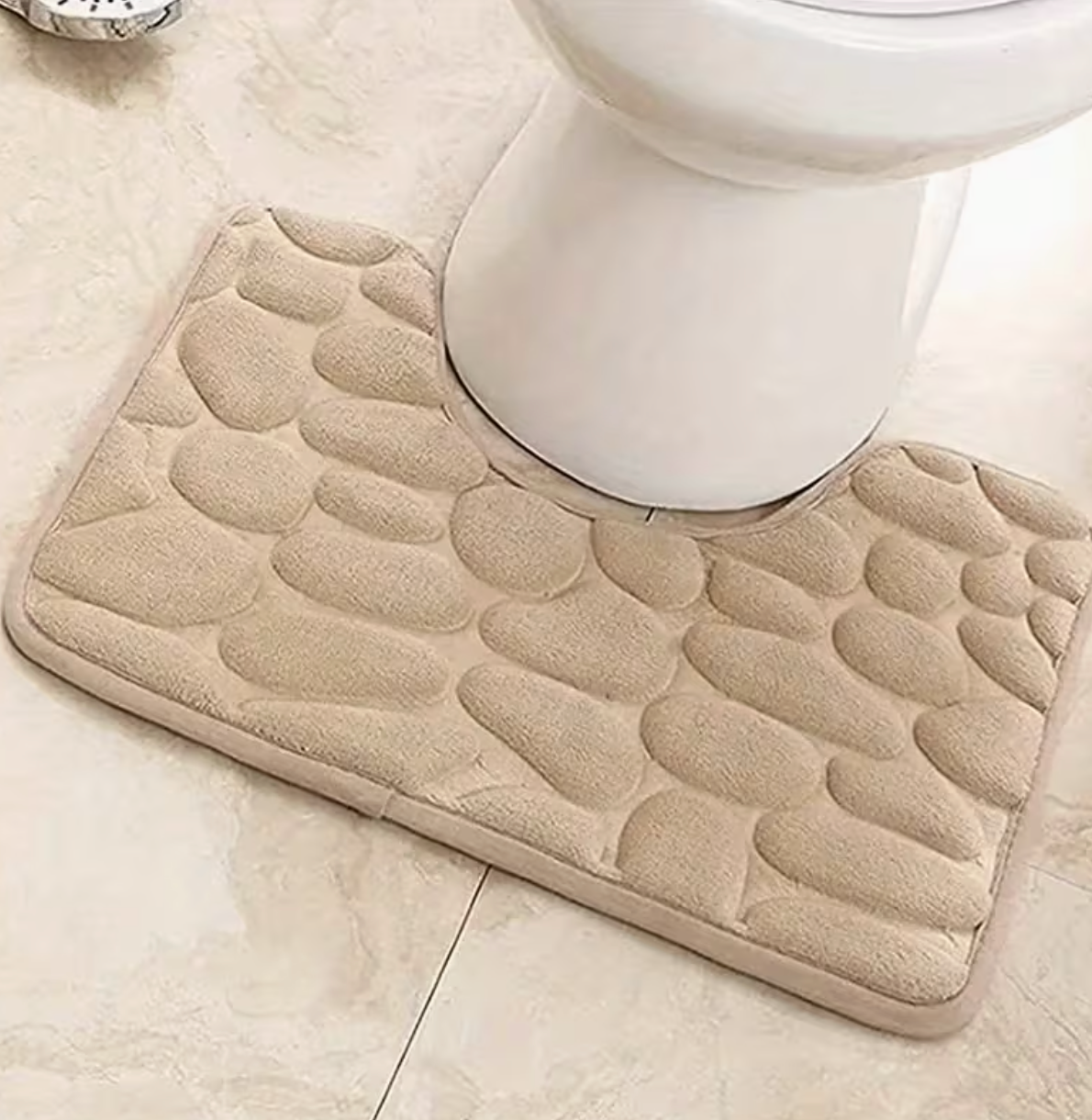 U-shaped coral fleece bath mat wrapped around toilet base