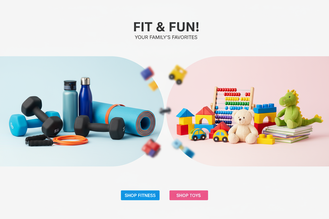 hi, actually I am very beginner to Shopify store, I made my store a few days ago and did not made any logo and banner, my products are related to fitness accessories which include mens and women's and children toys which include boys and girls, can you made a banner for me which describe these both riches I mention above