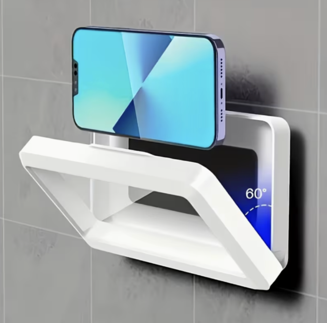 Waterproof phone holder mounted on shower wall