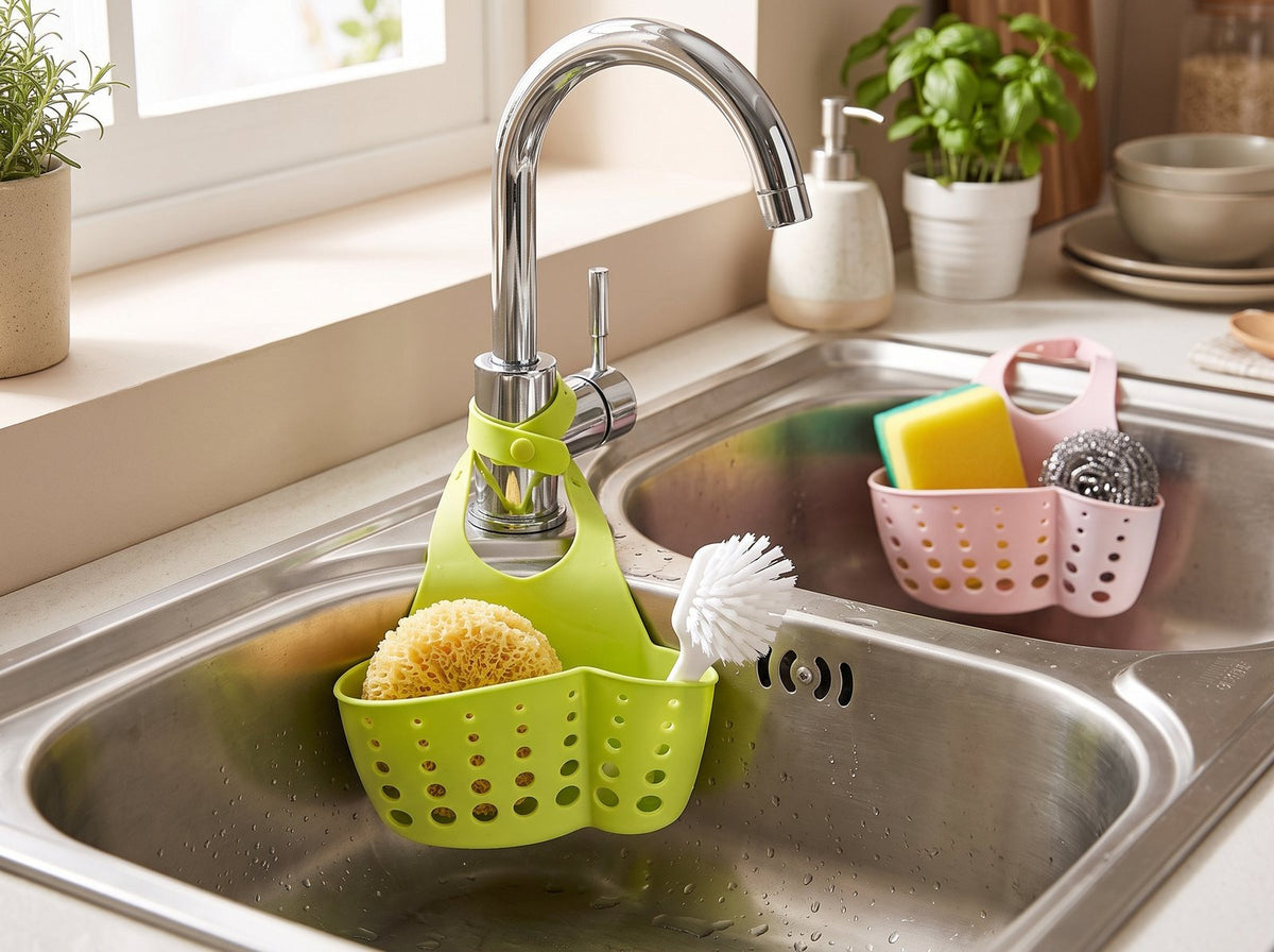 Sink caddy sponge holder hanging on a kitchen tap next to a natural sponge and window herbs