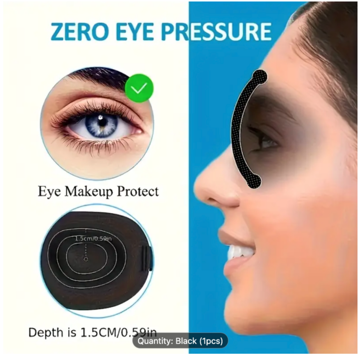 Sleep mask worn showing zero eye pressure design